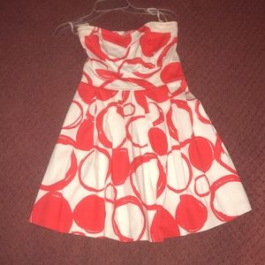strapless red and white circle print dress
